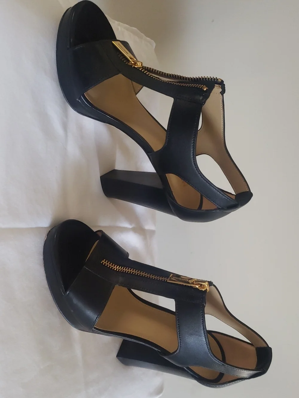 M8chael Kors Women’s Black Strappy Sandal with Gold Zip Accent
